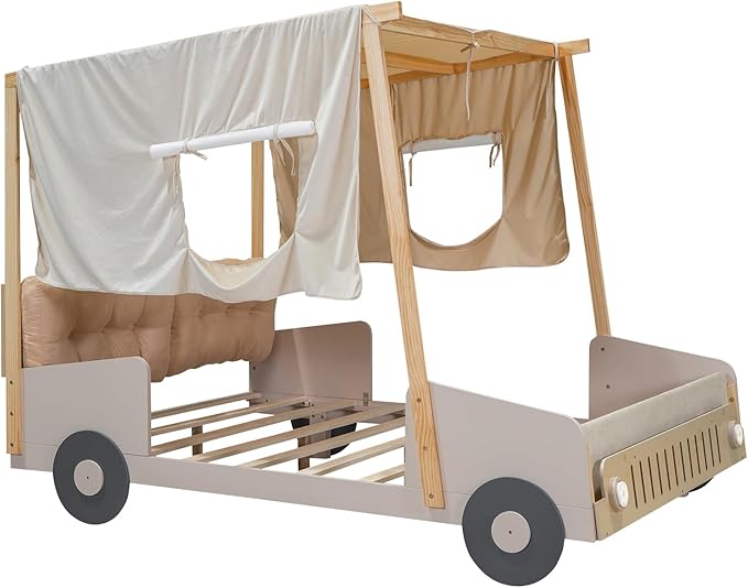 Full Size Car Bed with Pillow & Car Headlights Shaped LED Light,Wood Kid Bed Frame W/Ceiling Cloth & Magazine Holder,Toy Bedroom Furniture for Boys Toddlers Child,Natural
