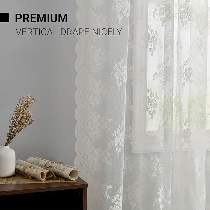 Kotile Lace Curtains 45 Inch Length - Short Lace Curtains for Kitchen Window, Vintage Sheer Cafe Curtain 2 Panels, Rod Pocket Rustic Floral Short Drapes, 52 x 45 Inch, 2 Panels, Ivory