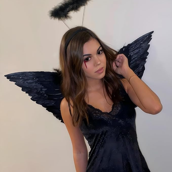 SEVADA Black Angel Wings and Halo for Adult Women, Dark Devil Fallen Feather Angel Wings for Kids Girls