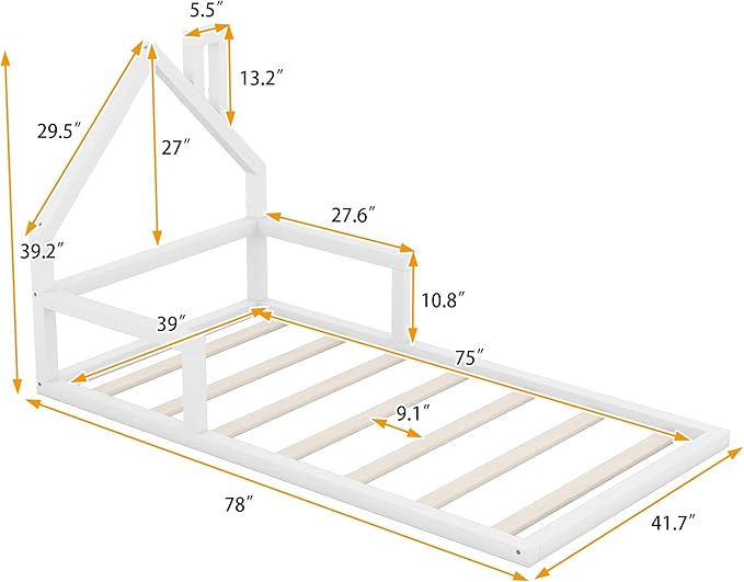 Twin Size Wood Floor Bed with House-shaped Headboard and a Chimney,Bedroom Simple Modern Bed Frame W/ Playful Design & No Box Spring Required,for Kids Teens Girls Boys,White
