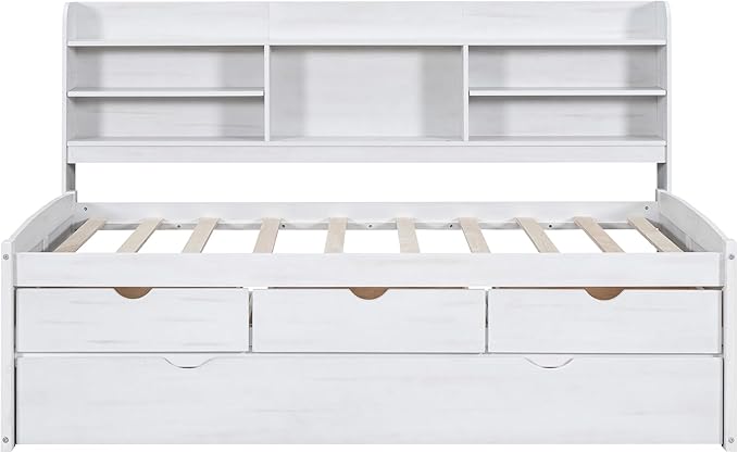 Harper & Bright Designs Twin Size Captain Bed with Built-in Bookshelves/3 Storage Drawers/Trundle, Wooden Twin Daybed Bed Frame for Kids Teens Dorm Bedroom Multipurpose Guest Room, White Wash