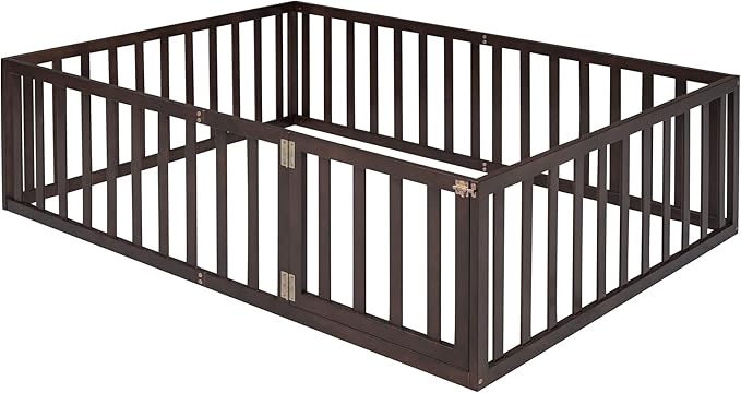 Merax Full Floor Bed with Safety Guardrails and Door, Wood Montessori Floor Bed Frame for Kids, Full Playhouse Bed Frame for Baby Girls and Boys, Walnut