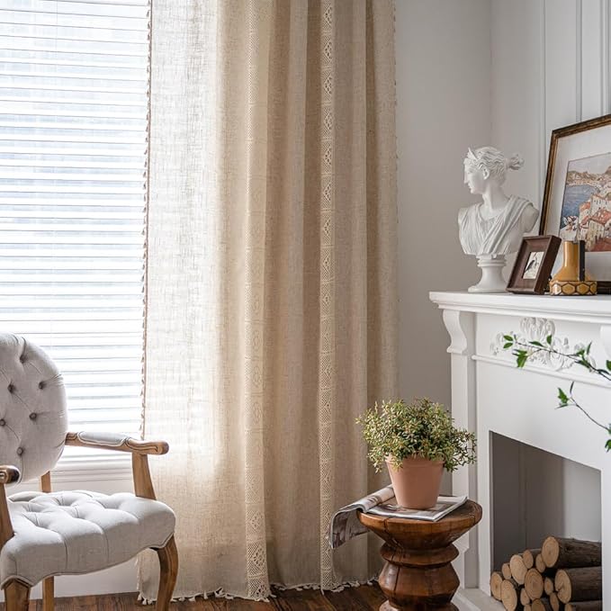 OYX Boho Curtains 63 Inch Length 2 Panels for Living Room, Bedroom Light Filtering Drapes, Farmhouse Vintage Country French Rustic Tassels Pattern Rod Pocket Aesthetic Decor Window Treatments
