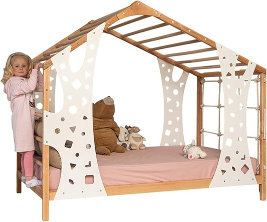BUSY WOOD Montessori Bed for Toddlers - Toddler Montessori Bed - Twin Bed Frame for Kids - Indoor Climbing Gym Bed - Jungle Gym Bed - Wooden Monkey Gym Bed