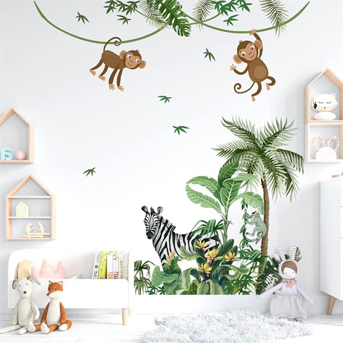 Large Size Tropical Palm Green Leaf Plant Animals Jungle Wall Decals For Kids Room Bedroom Cute Monkey Zebra Giraffe Big Vinyl Self-adhesive Wallpaper Peel and Stick Woodland Forest Kindergarten Decoration Sticker Removable DIY Nursery Mural