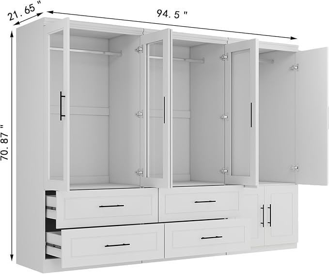 White Armoire Wardrobe Closet with 6 Door: Combination Wood Wardrobe Closet with Glass Door Wooden Bedroom Armoire 4 Drawer with Hanging Rods for Home/Bedroom/Living Room
