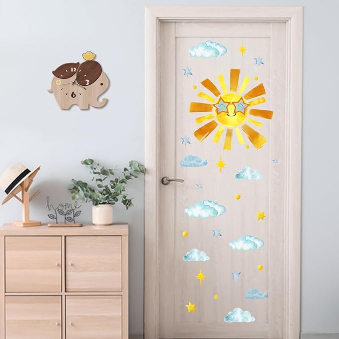 Mfault Sun Sunshine Wall Decals Stickers, Cute Watercolor Cloud Stars Nursery Decorations Kids Bedroom Art, Neutral Toddlers Room Playroom Decor