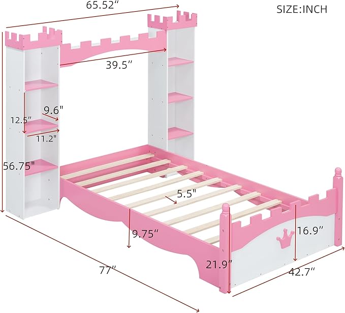 Castle-Shaped Wooden Platform Bed with Storage Shelf, Dreamy Twin Size Kids Platform Bed for Girls Boys Bedroom, Sturdy Slats Support (White+Pink Castle)