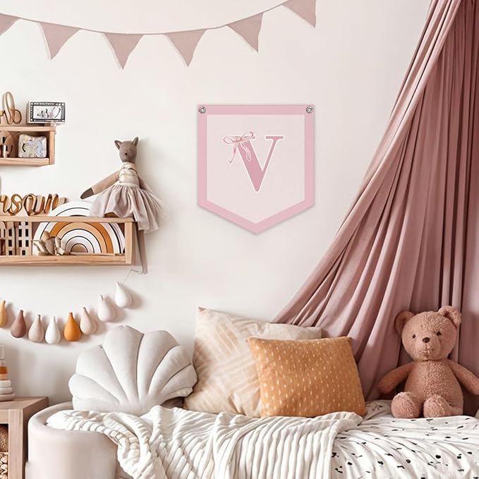 Lacama Initial Personalized Preppy Banner, Baby Shower Decor Girl Nursery Decor, Coquette Pink Bow Teen Girl Gifts, Vintage Room Toddler Room Bedroom Playroom Front Door Birthday Gift(V)