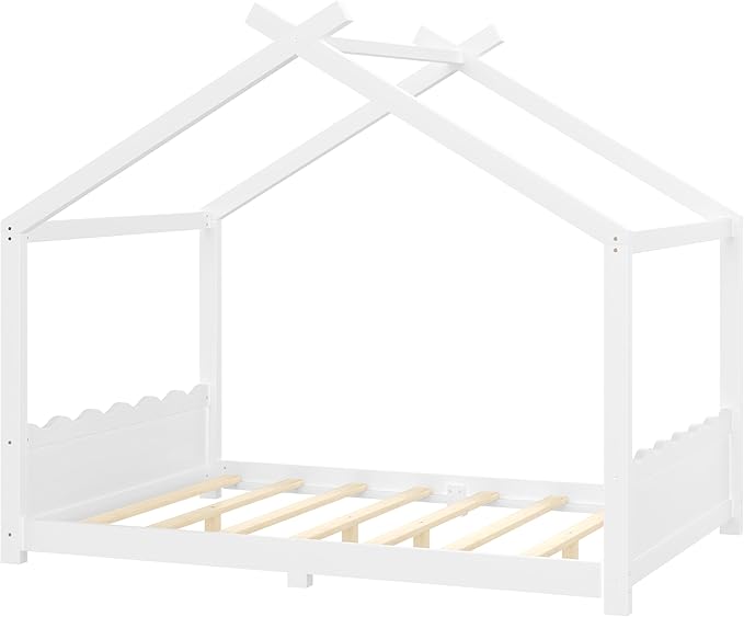 Full Size Wooden House Floor Bed - Kids Bed Frame with Roof & Support Slats for Bedroom, No Box Spring Needed, Easy Assembly (White)