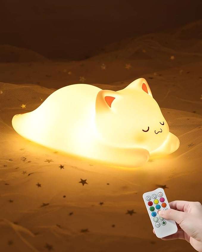 ZKLiLi Night Light for Kids Cute Cat Lamp,16 Colors+Tap+Remote+Silicone Kids Cute Cat Lamp Gifts,USB Remote Rechargeable Cat Night Lights for Room Decoration