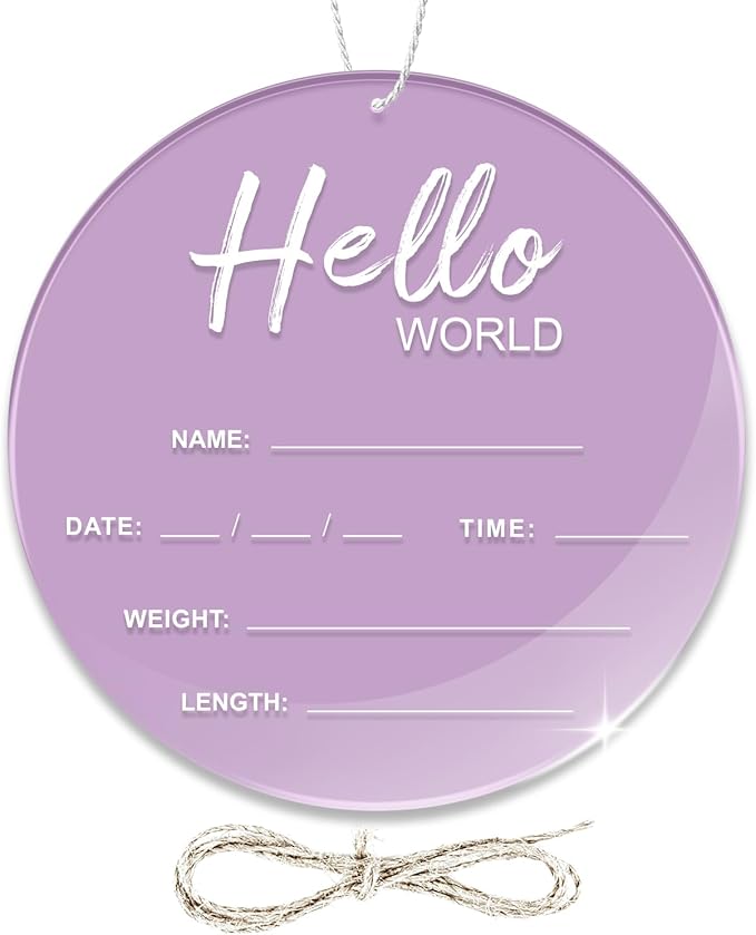 Baby Announcement Sign, 6.7 Inch Hello World Newborn Sign, Thickness Upgrade Birth Announcement Sign for Hospital, Nursery Baby Shower (Purple)