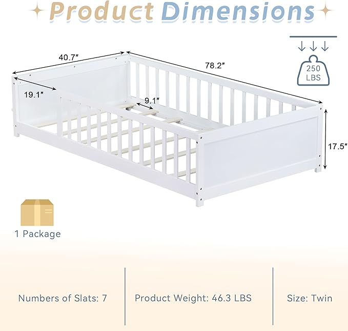 Twin Toddler Floor Bed with High Rails, Wooden Montessori Bed Frame with Built-in Book Rack, Twin Size Bed Frame for Kids, Boys and Girls, White