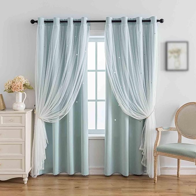 Anytime Romantic Kids Curtain,Hollow-Out Stars Window Curtain Double Layer Blackout Curtains for Girls Bedroom Kids Room 2Panel,(W52 x L72,Light Blue)