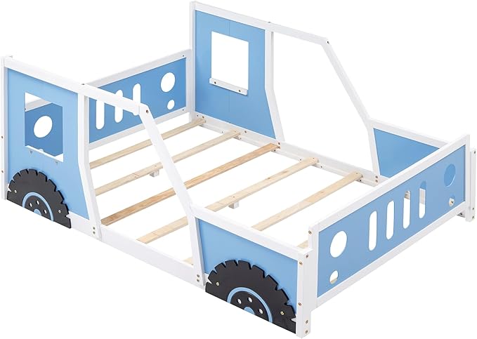 Bellemave Twin Full Size Kids Car Bed, Classic Car-Shaped Platform Bed with Wheels, Wood Full Montessori Floor Bed Frame for Kids Boy Girls, Lightning McQueen Bed (Blue+Black)