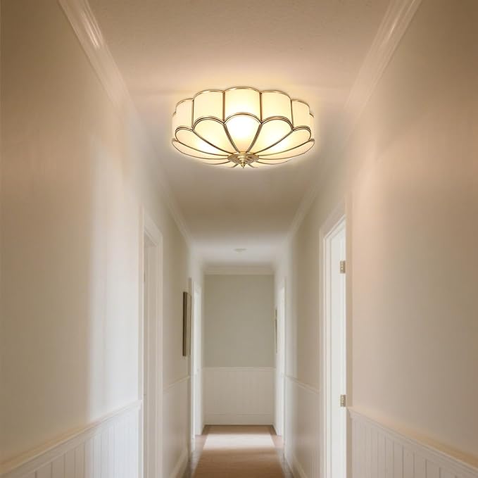 MIXL- Mid Century Brass Flush Mount Ceiling Light,LED Antique Brass Light Fixture, Modern Frosted Glass Ceiling Lamps for Living Room, Close to Ceiling Light Decorative for Bedroom(13.77" W)