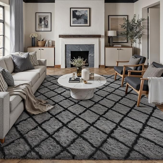 6x9 Checkered Rug for Living Room Grey and White Modern Soft Area Rug Fluffy Non-Slip Carpet for Bedroom Playroom Home Aesthetic Decor