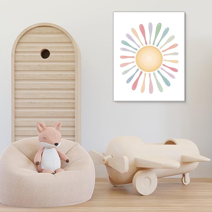 Cute Pastel Sun Nursery Canvas Wall Art Print Colorful Sun Poster Painting Wall Decor for Nursery Toddler Girls Room Bedroom Kids Playroom 8x10 Framed
