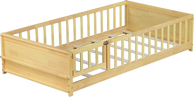 Floor Bed with Rails and Door Twin Size, Wood Montessori Floor Bed with Storage Bookcase, Kids Bed Frame with Fence for Boys Girls, Natural