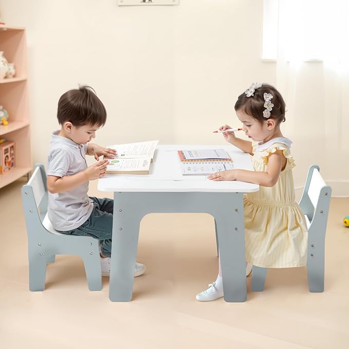 VEVOR Kid Activity Table and 2 Chairs Set, 23*23*20inch Graffiti & Building Blocks Double-Sided Tabletop, Toddler Play Table with Storage for Kids 3+ Years, Large Storage Space, Gift for Boys & Girls