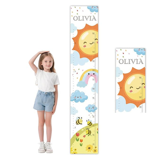 Personalized Growth Chart for Wall, Sun Rainbow Height Growth for Kids, Wooden Name Ruler for Nursery and Playroom, Baby Shower Gift 63" x 11.8"