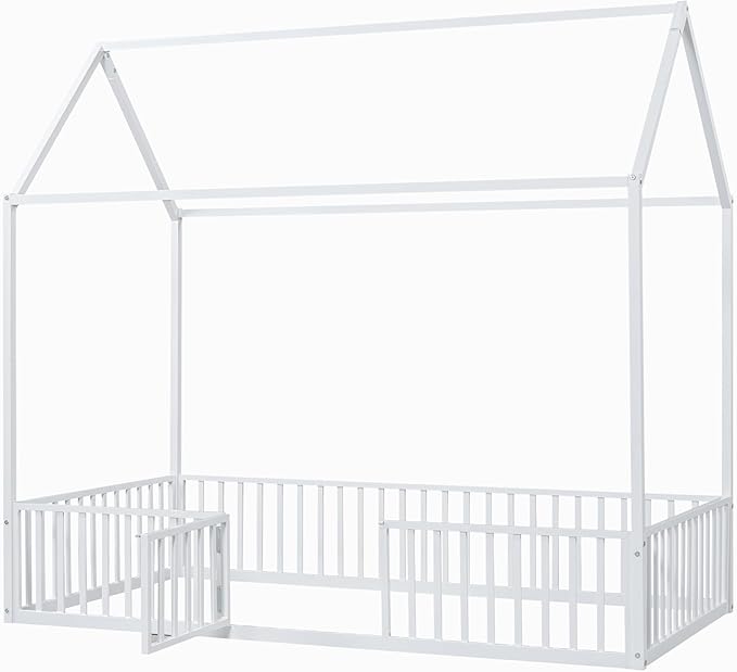 Bellemave Twin Size Kids House Bed - Metal Montessori Floor Bed with Fence and Door, White
