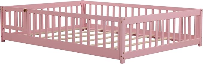 Full Size Montessori Floor Bed Frame with Convertible Door for Girls & Boys,Wood Montessori Bed w/Safety Guardrails & Wood Slats for Kids,Pink