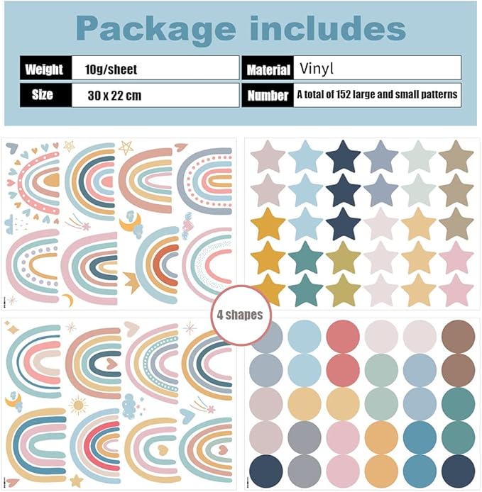 Bohemian Rainbow Wall Decals for Kids Room – 152 Pcs Removable Waterproof Pastel Vinyl Stickers with Rainbows, Stars, Dots | 8 Sheets Peel & Stick Wall Art for Bedroom, Playroom & Nursery(Style B)