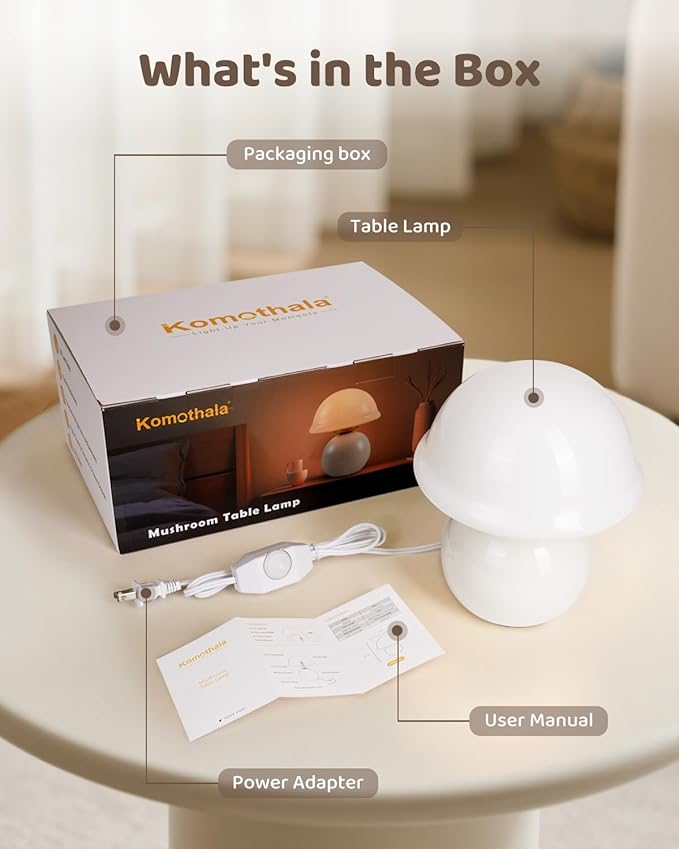 Mushroom Lamp for Bedroom, Cute Small Bedside Table Lamp with Glass Lampshade, Dimmable Nightstand Lamp Mid Century Modern Lamp for Home Living Room Decor (White)