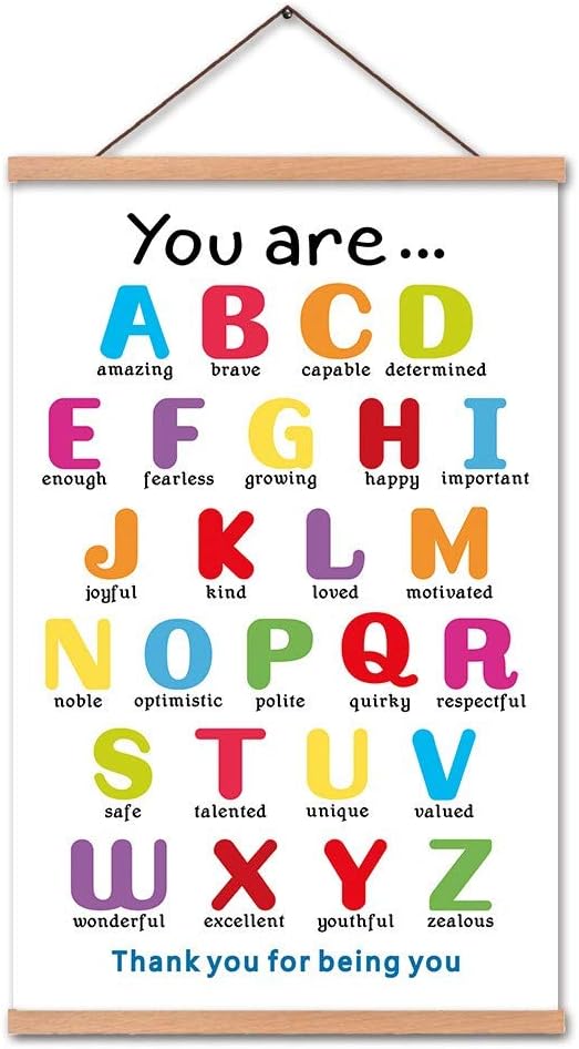 KAIRNE Colorful ABC Alphabet Art Print with Wood Magnetic Poster Hanger Frame, 35X56CM You are Amazing Positive Affirmation Words Canvas Wall Art for Home School Classroom Room Decor
