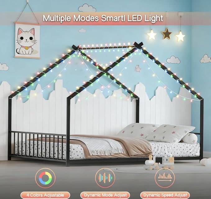 Bellemave Full Size Montessori Floor Beds with Slats for Kids, Metal Full House Bed for Kids, Black with Slats and Lights