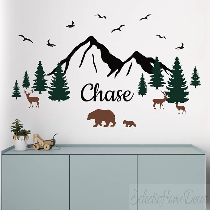 Custom Name Mountains Wall Decal Nursery Boho Theme Nursery Wall Sticker Wall Art Bear Trees Wall Decor Kids Wall