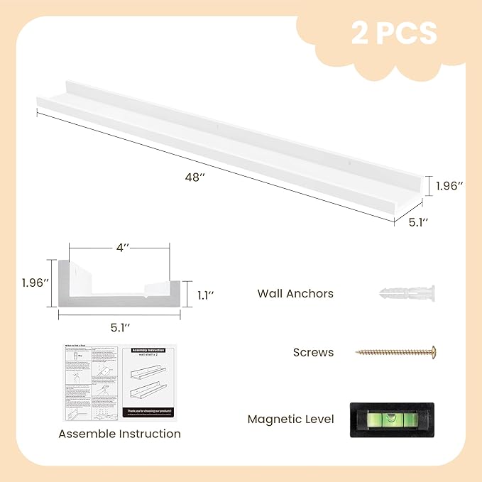 Fun Memories Picture Ledge Shelf, Pine Wood Floating Shelves Set of 2, 48 inch Nursery Book Shelves, Photo Ledge Book Shelves Wall Mounted for Living Room Kids' Room Bedroom - White
