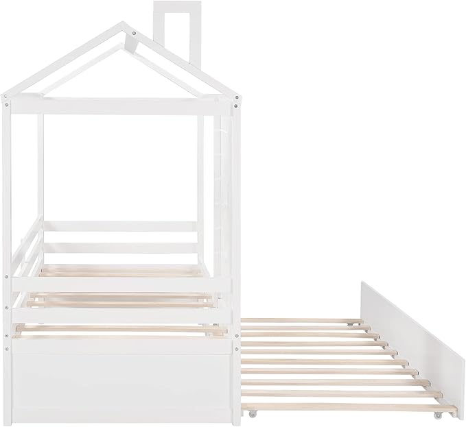 Merax House Bed with Trundle, Window and Roof, Twin Size Wood Bunk Bed Daybed Can be Decorated for Girls, Boys (White)
