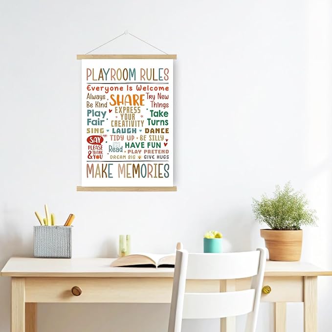 Qswo Playroom Rules Wall Art Poster Hanger Frame,Play Room Hanging Canvas Wall Decor for Kids Nursery School