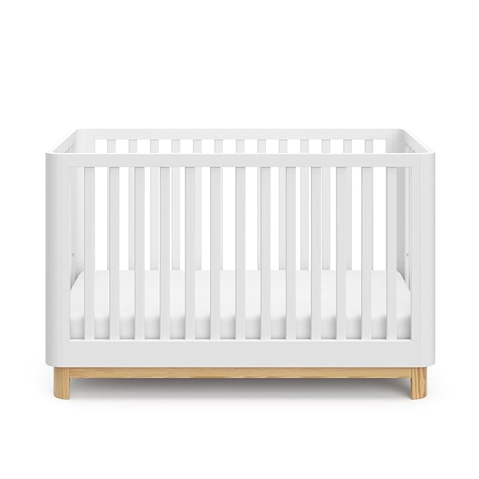 Storkcraft Santos 3-in-1 Convertible Crib (White with Natural) – GREENGUARD Gold Certified, Fits Standard Crib Mattress, Converts to Toddler Bed, Modern Style, Rounded Designer Details