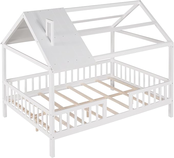 Bellemave Full House BedFrame with Roof, Montessori Floor Bed, House Bed with Rails for Kids, White