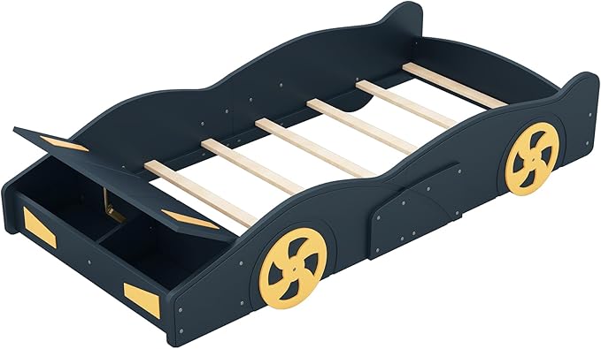 Harper & Bright Designs Twin Size Race Car-Shaped Platform Bed with Wheels and Storage, Dark Blue+Yellow