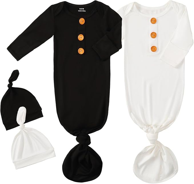 OPAWO Knotted Gown Baby Newborn Sleepers Baby Boy Coming Home Outfit, Bamboo Viscose Baby Gowns with Mitten Cuffs and Hat Set