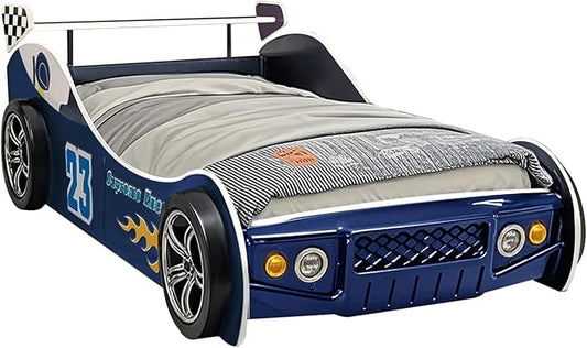 HMFULE Twin Bed Frames for Kids, Wood Race Car-Shaped Bed Frame Platform with Wheels LED Lights & Slat Support for Toddler, Teens, Boys or Girls, No Box Spring Needed (Blue)