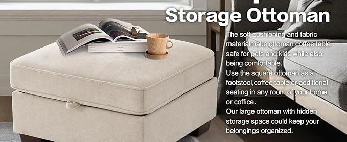 TEKAMON 27.5" Storage Ottoman, Square Footrest with Sponge Padded Seat, Chenille Fabric Step Stool for Sofa, Bedroom, Living Room, Entryway, Modern Change Shoes Stool, Wood Legs, (Beige)