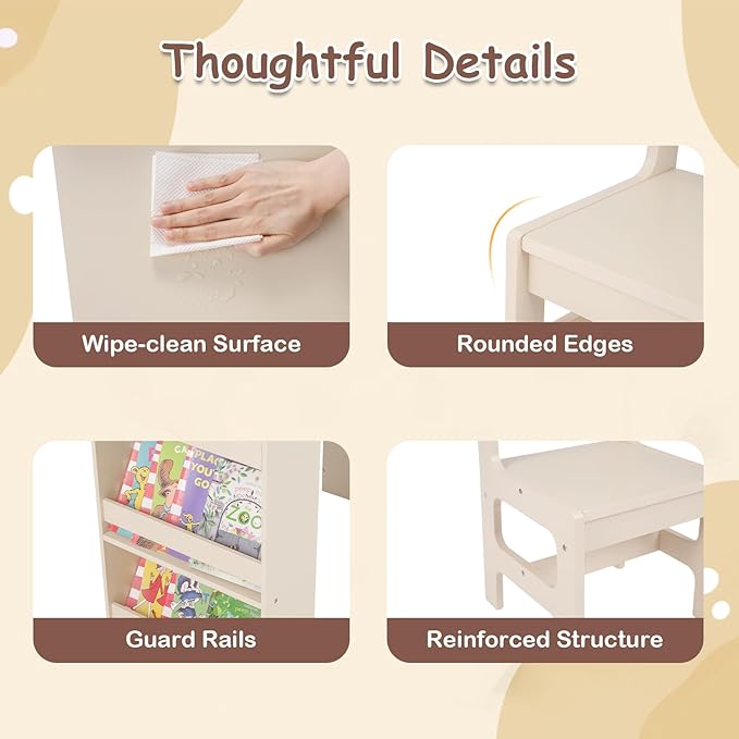 Costzon Kids Desk and Chair Set, Art Activity Desk Set with Detachable Paper Roll Holder, Cubby Cabinet, and Multiple Storage Space, 2-in-1 Toddler Table and Chair for Painting, Studying (Beige)