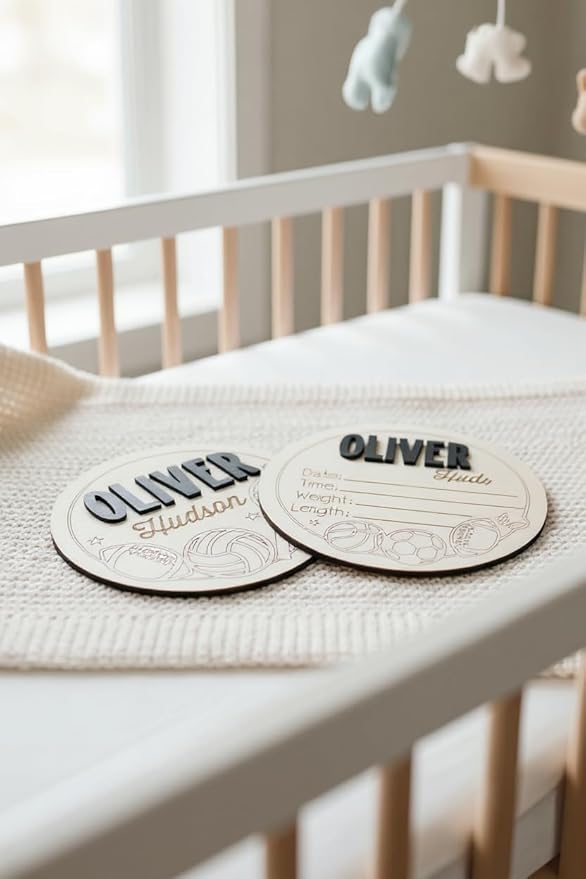 352 Mercantile Personalized Sports Theme Baby Name Sign Set, Wooden Birth Stat Plaques, 6", 7" or 8" sign, 2-Piece Bundle with 3D Raised Letters, Nursery Wall Decor (BUNDLE NAME + STAT SIGN)