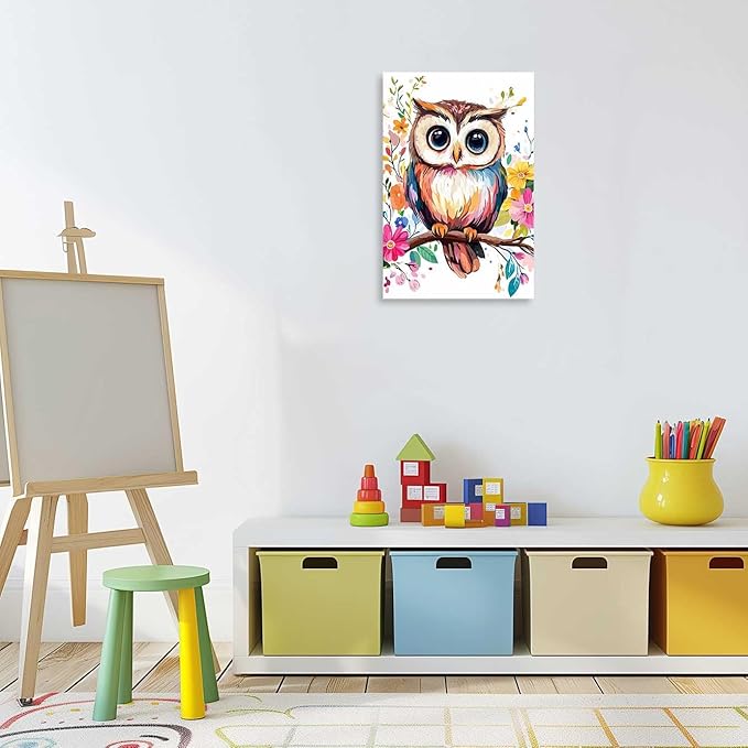 AWPANERAR Owl Canvas Wall Art Watercolor Owl Picture Prints Colorful Flower Painting Cute Animals Poster for Nursery Kids Room Decor Framed (30L x 20W)