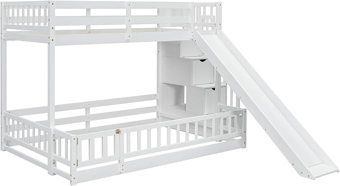 Twin Over Full Bunk Bed with Slide, Solid Wood Bunk Bed with Safety Guardrails and Storage Staircase for Kids Teens Boys Girls Bedroom, Space Saving Design (White-30c)