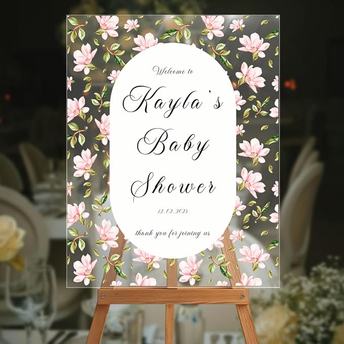 Personalized Pink Magnolia Baby Shower Welcome Sign - Elegant Floral Announcement Sign - Girl Baby Shower Entrance Decor