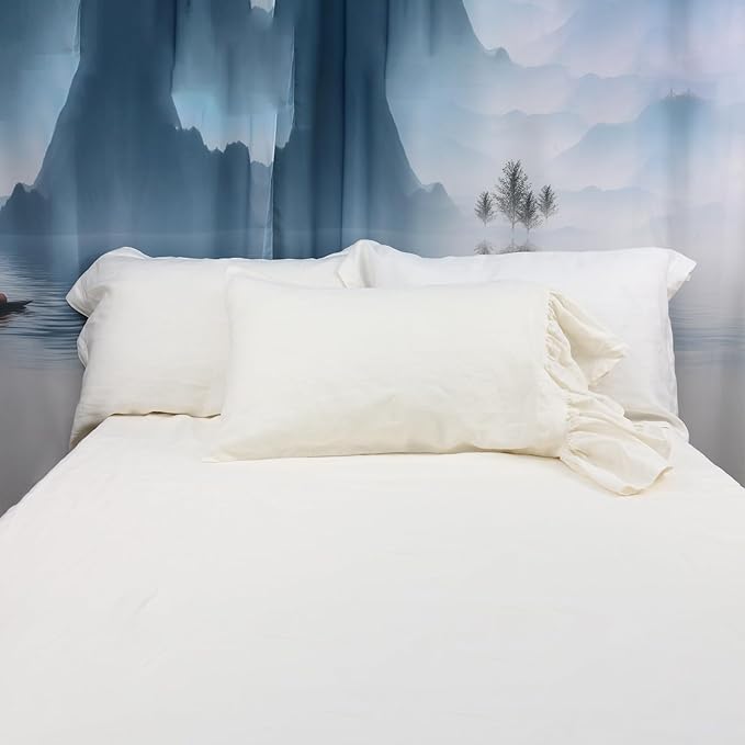 Ruffles Linen Pillowcase. Pure Flax Pillow Sham 100% French Linen Ruffled Pillow Cover, Standard, Queen, King Size 1 PCS (Twin, Ivory)