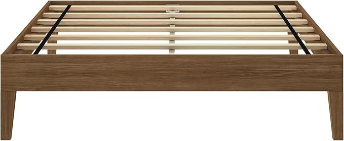 Max & Lily Fundamental Full Platform Bed Frame, Kids Modern Solid Wood Bed, Strong Wooden Slats, Non-Toxic Finishes, Matte Walnut