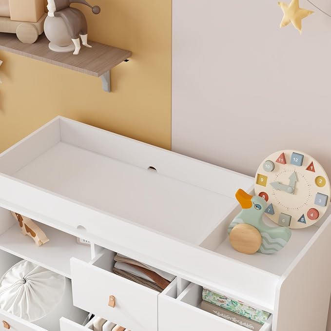 Baby Changing Table Dresser with 5 Drawers, Baby Nursery Dresser with Tilt Out Laundry Basket, Infant Changing Station Organizer for Nursery and Bedroom, White (45" W x 18" D x 37" H)