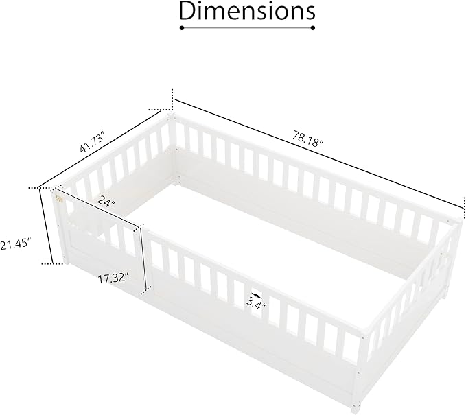 KEIKI Twin Montessori Floor Bed, Kids Floor Bedframe with Fence & Door, Children's Wood Bed for Living Room, White